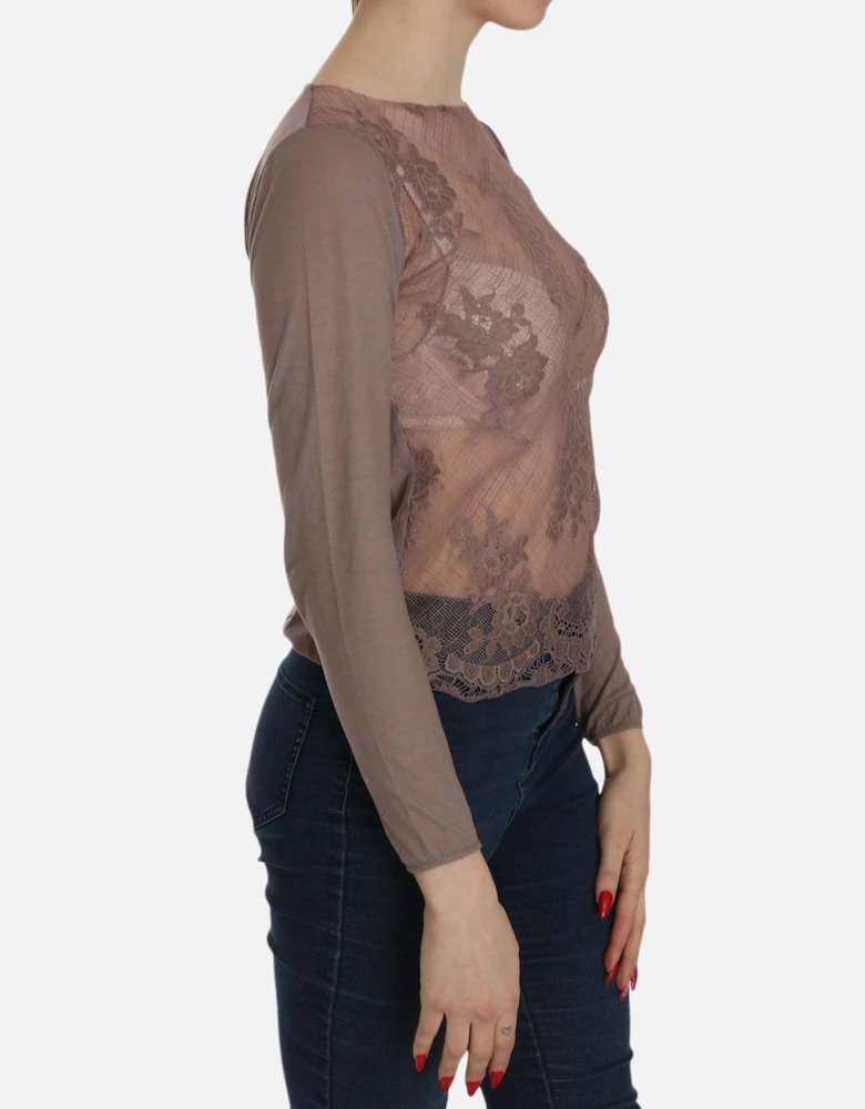 Lace Overlay Long Sleeve Top Women - Brown T-Shirts
