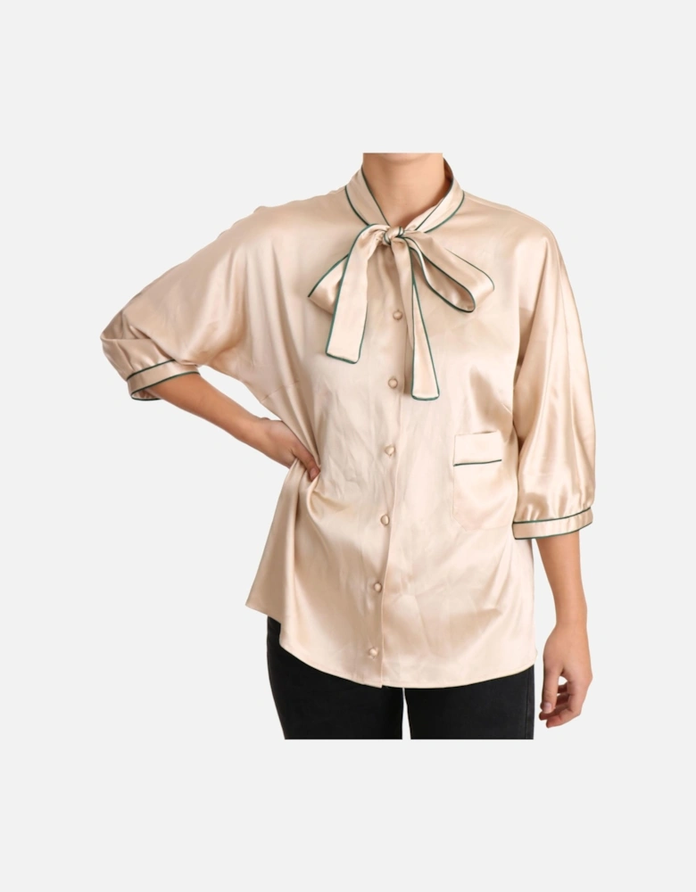 Dolce Gabbana Silk Blouse Bow Tie Neck 34 Sleeves Women - Beige