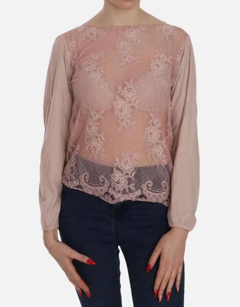 Lace Overlay Long Sleeve Blouse Women - Pink T-Shirts