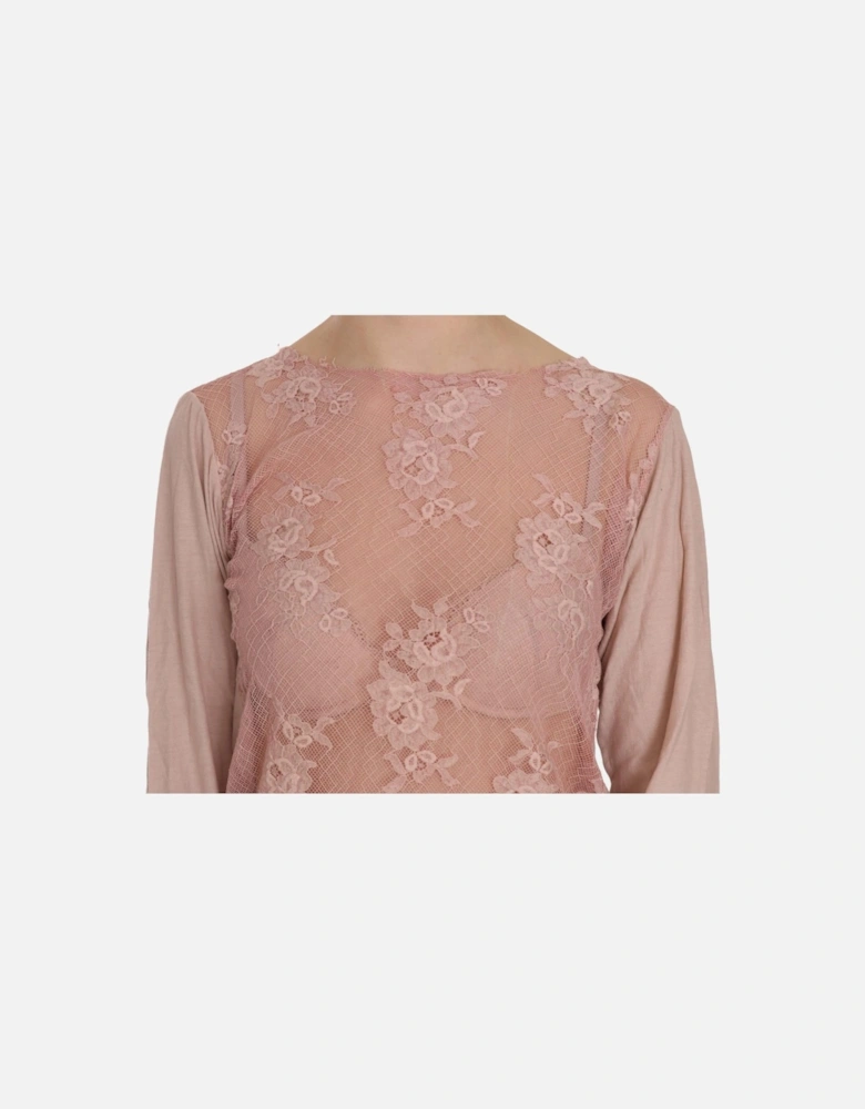 Lace Overlay Long Sleeve Blouse Women - Pink T-Shirts
