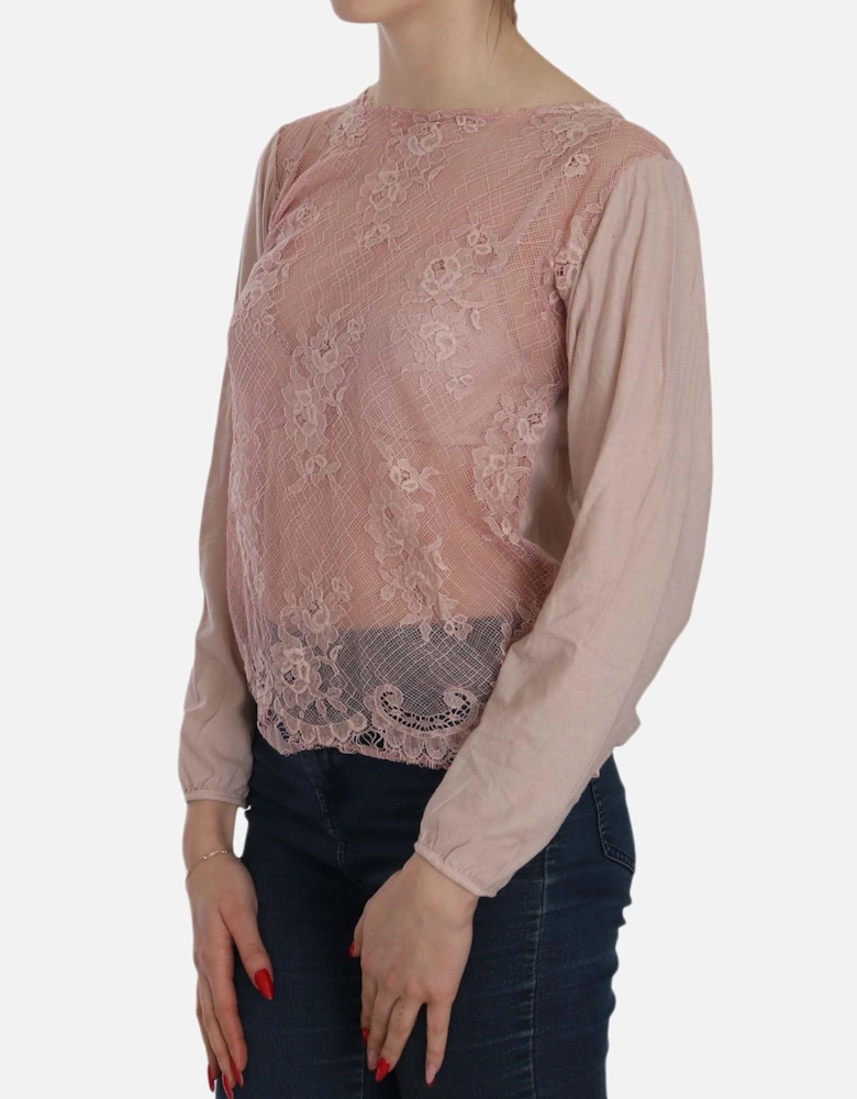 Lace Overlay Long Sleeve Blouse Women - Pink T-Shirts