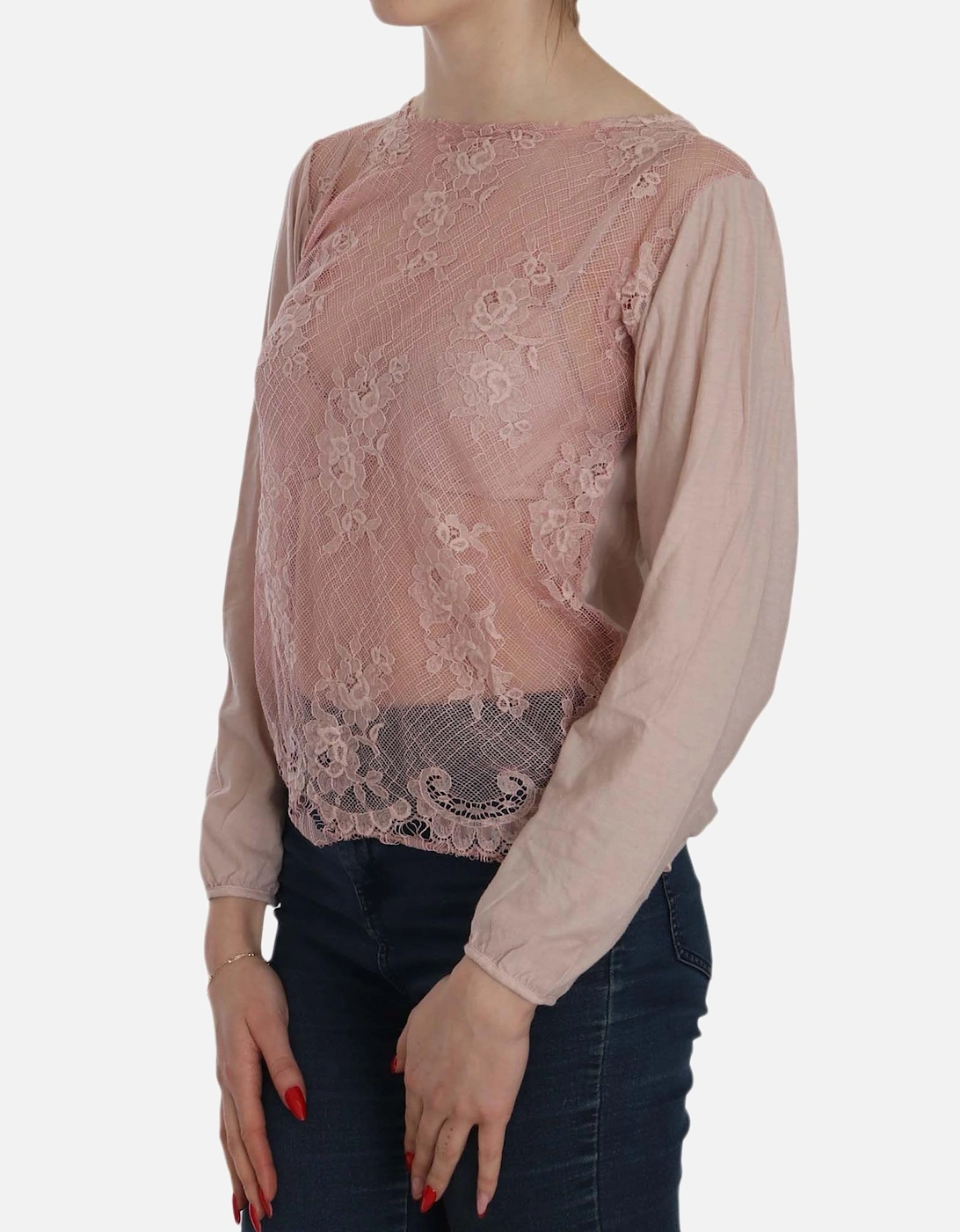 Lace Overlay Long Sleeve Blouse Women - Pink T-Shirts