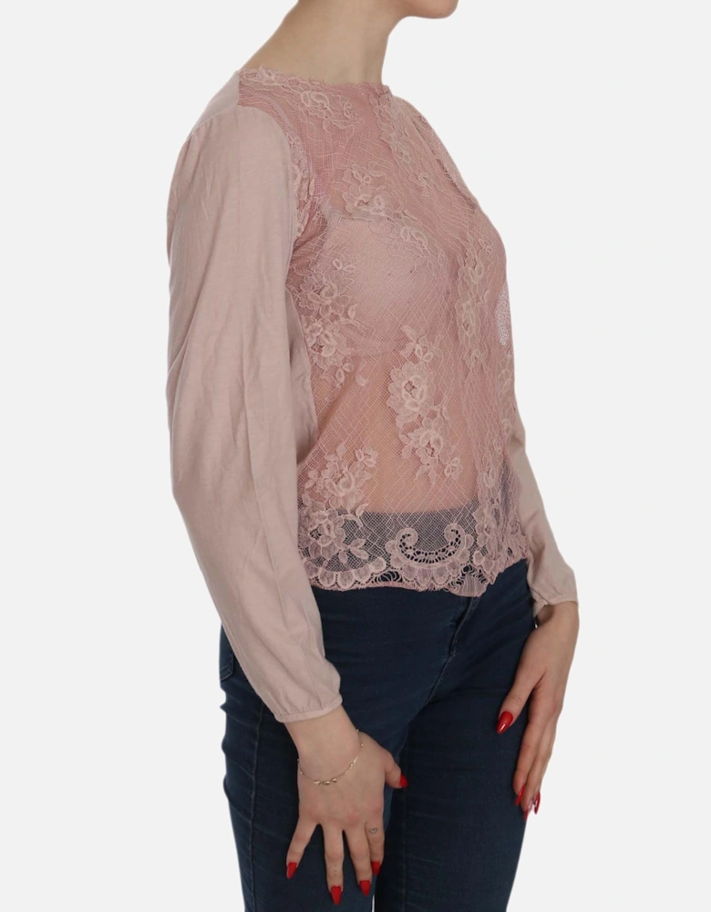 Lace Overlay Long Sleeve Blouse Women - Pink T-Shirts
