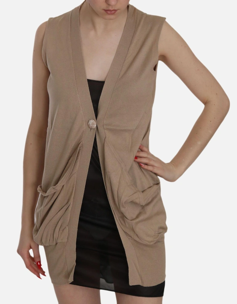 Sleeveless Cotton Cardigan with Pockets Women - Brown Vests