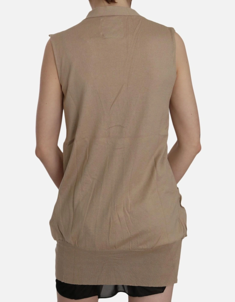 Sleeveless Cotton Cardigan with Pockets Women - Brown Vests