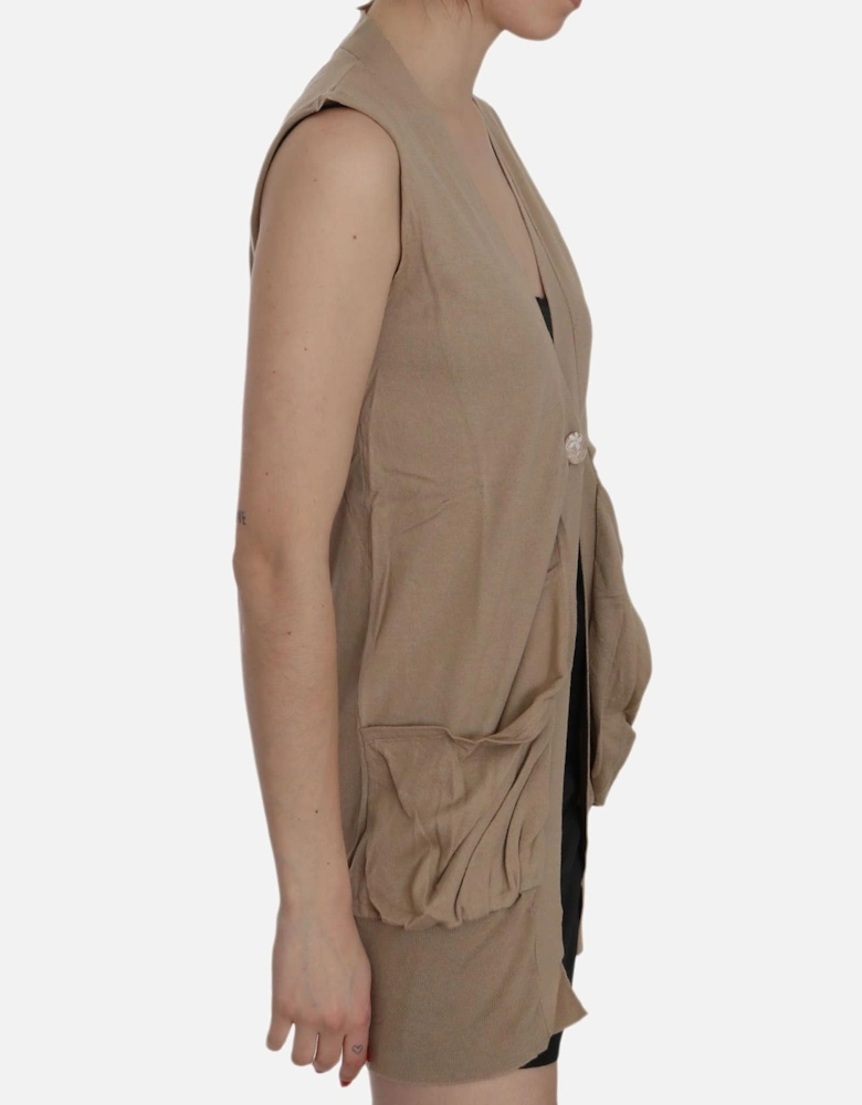 Sleeveless Cotton Cardigan with Pockets Women - Brown Vests