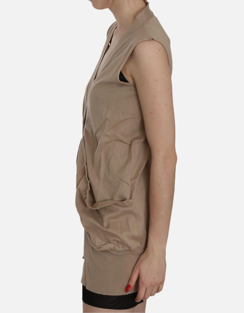 Sleeveless Cotton Cardigan with Pockets Women - Brown Vests