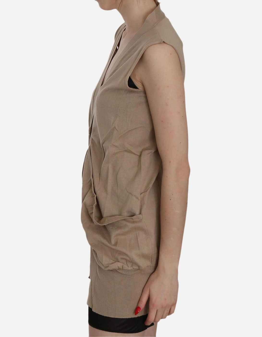 Sleeveless Cotton Cardigan with Pockets Women - Brown Vests