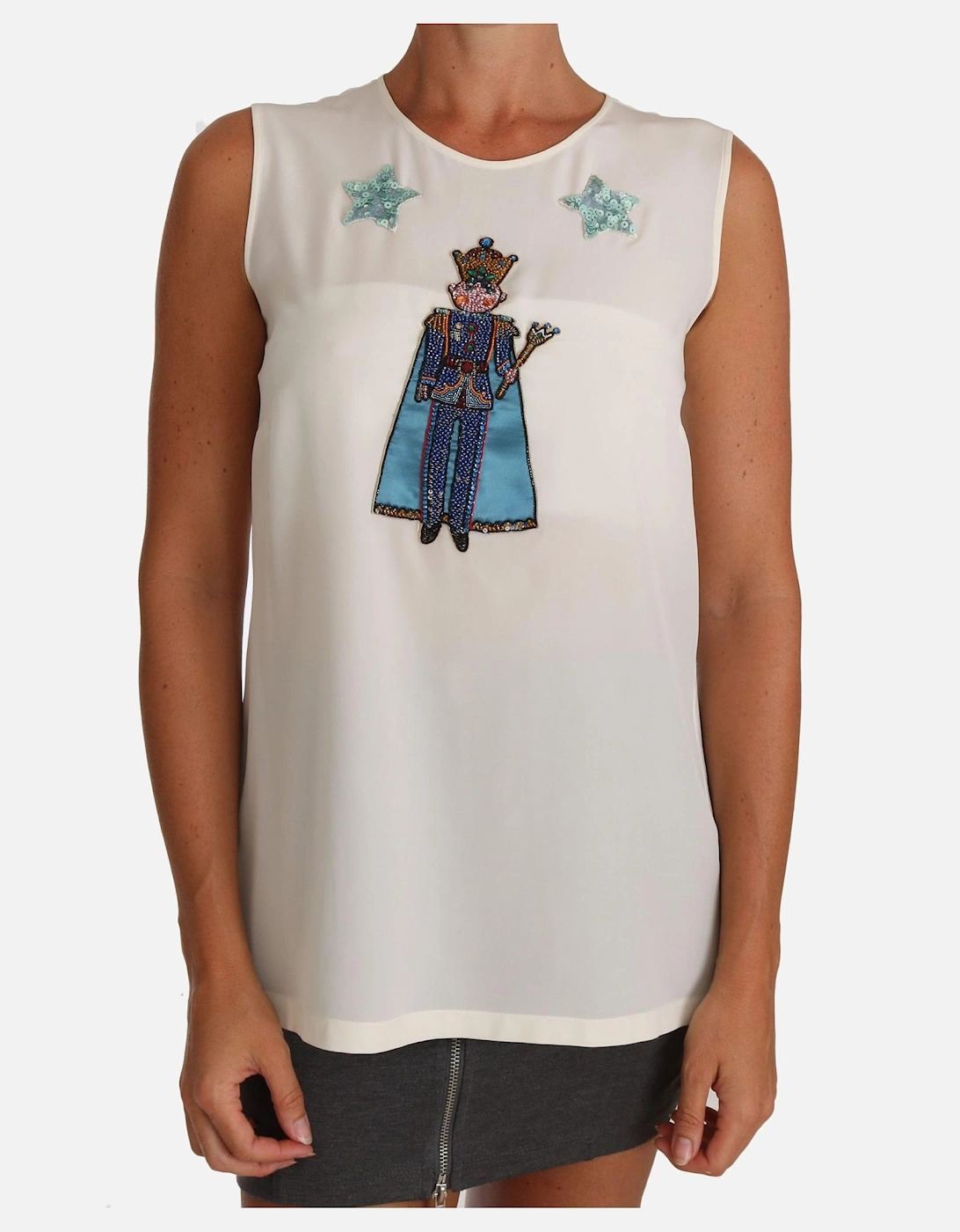 Sleeveless Silk T-Shirt Blouse with Embroidery Women - White, 5 of 4