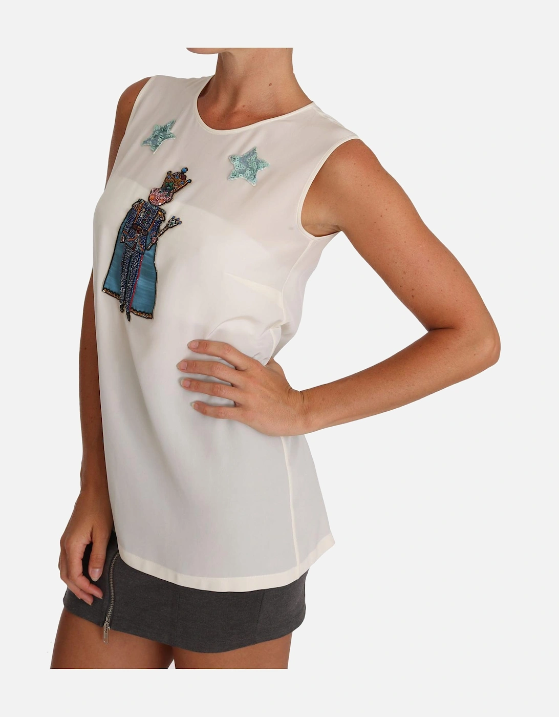 Sleeveless Silk T-Shirt Blouse with Embroidery Women - White