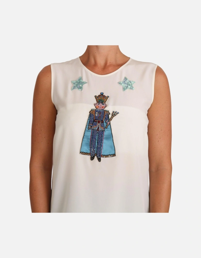 Sleeveless Silk T-Shirt Blouse with Embroidery Women - White