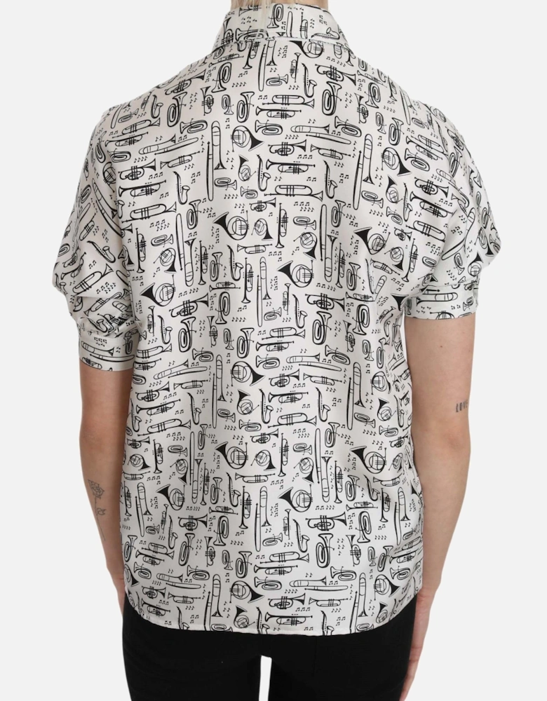 Musical Instrument Print Silk Shirt Women - White