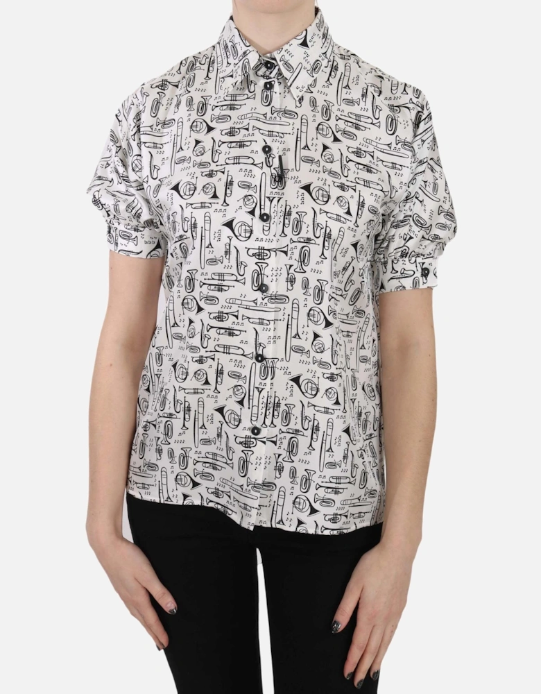 Musical Instrument Print Silk Shirt Women - White