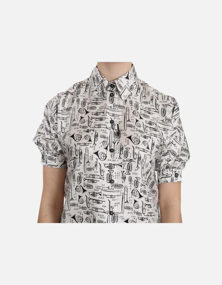 Musical Instrument Print Silk Shirt Women - White