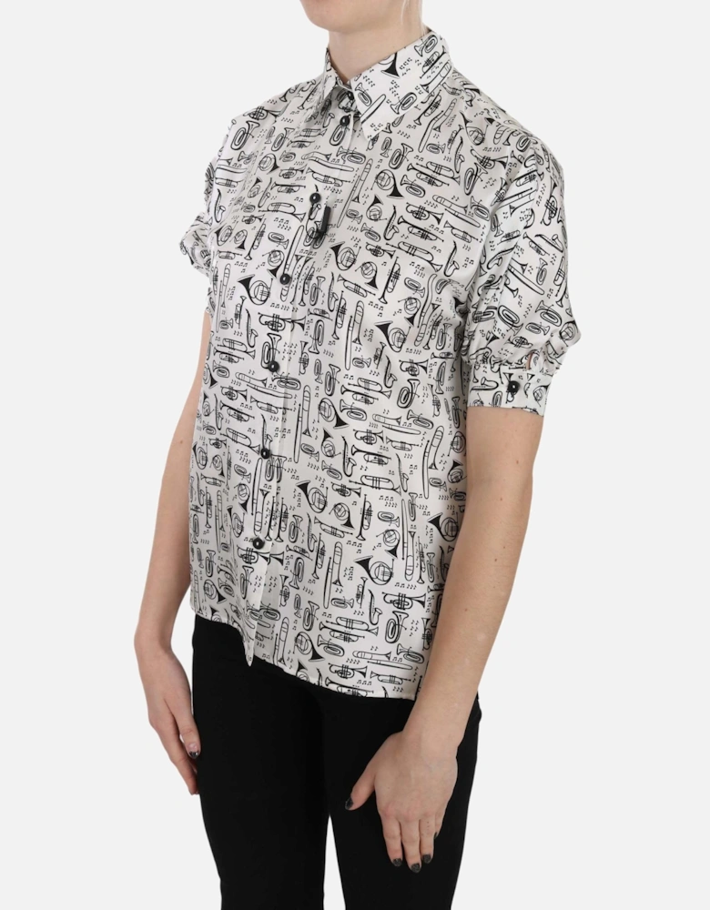 Musical Instrument Print Silk Shirt Women - White