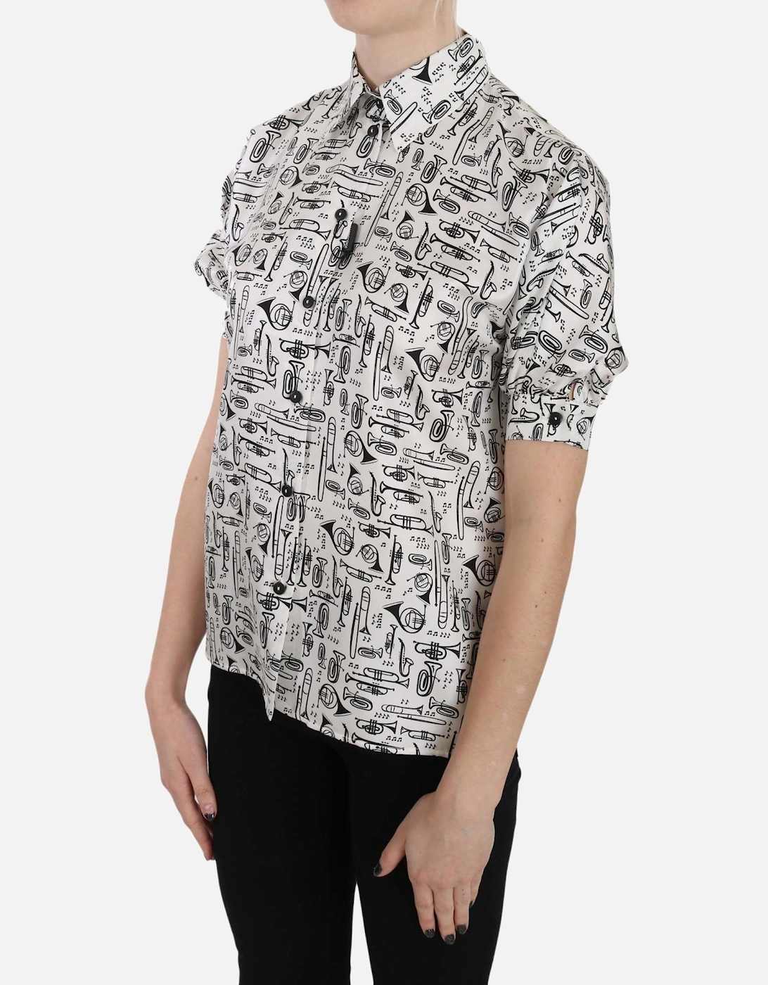 Musical Instrument Print Silk Shirt Women - White