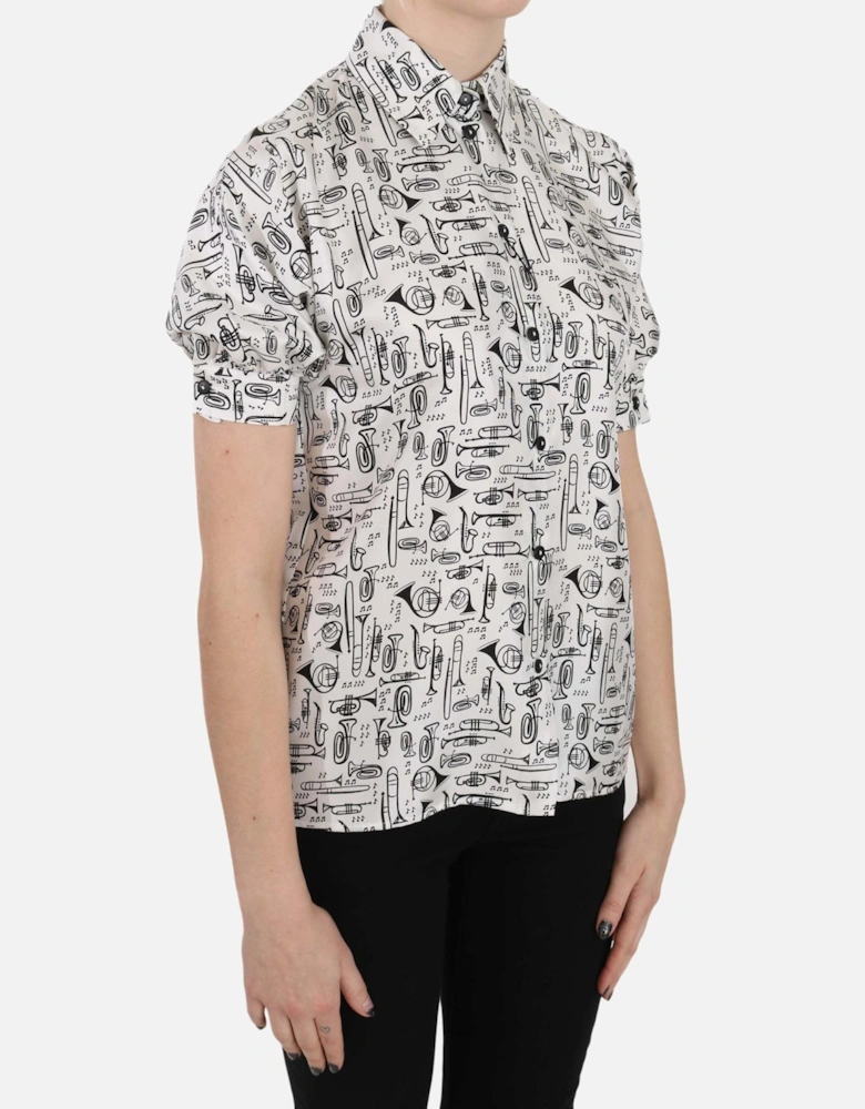 Musical Instrument Print Silk Shirt Women - White