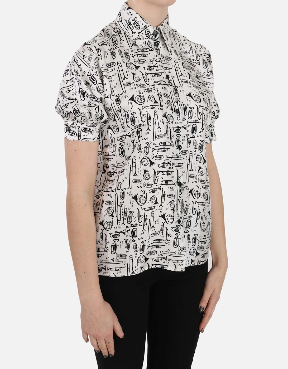 Musical Instrument Print Silk Shirt Women - White