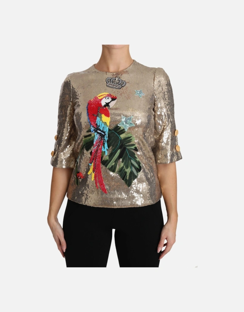 Short Sleeve Crewneck Blouse with Parrot Motif Women - Gold T-Shirts