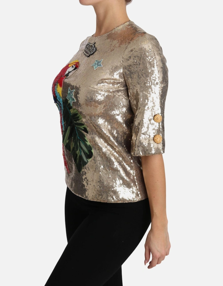 Short Sleeve Crewneck Blouse with Parrot Motif Women - Gold T-Shirts