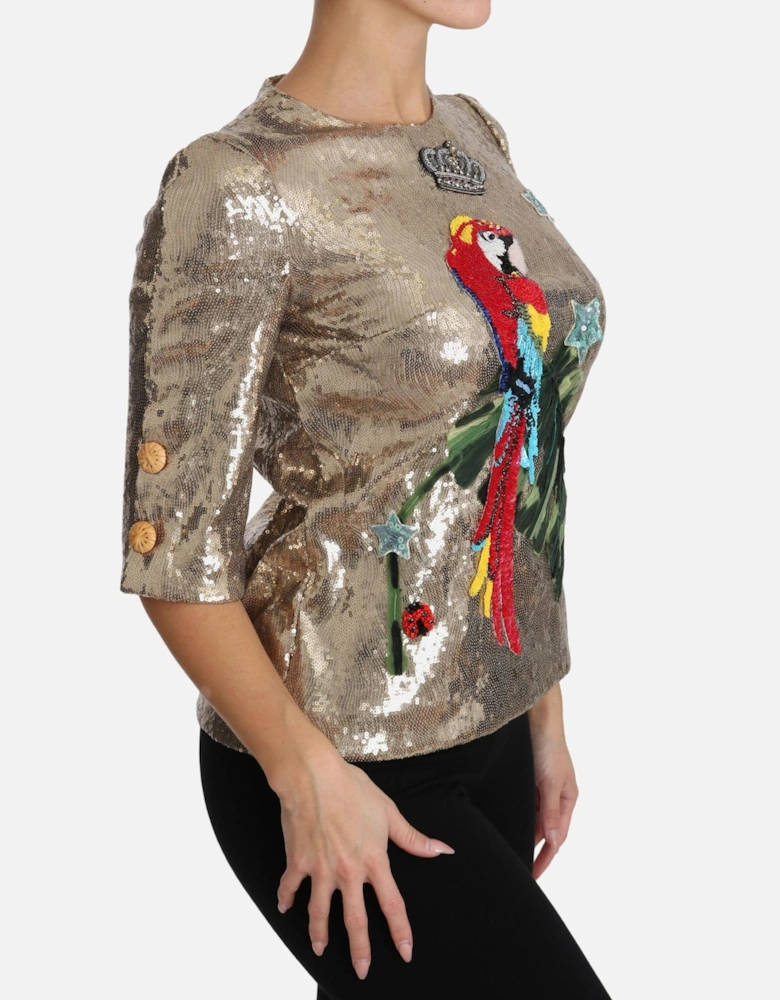 Short Sleeve Crewneck Blouse with Parrot Motif Women - Gold T-Shirts
