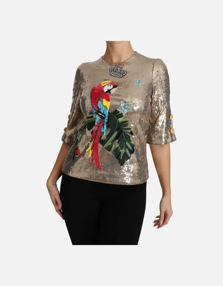 Short Sleeve Crewneck Blouse with Parrot Motif Women - Gold T-Shirts