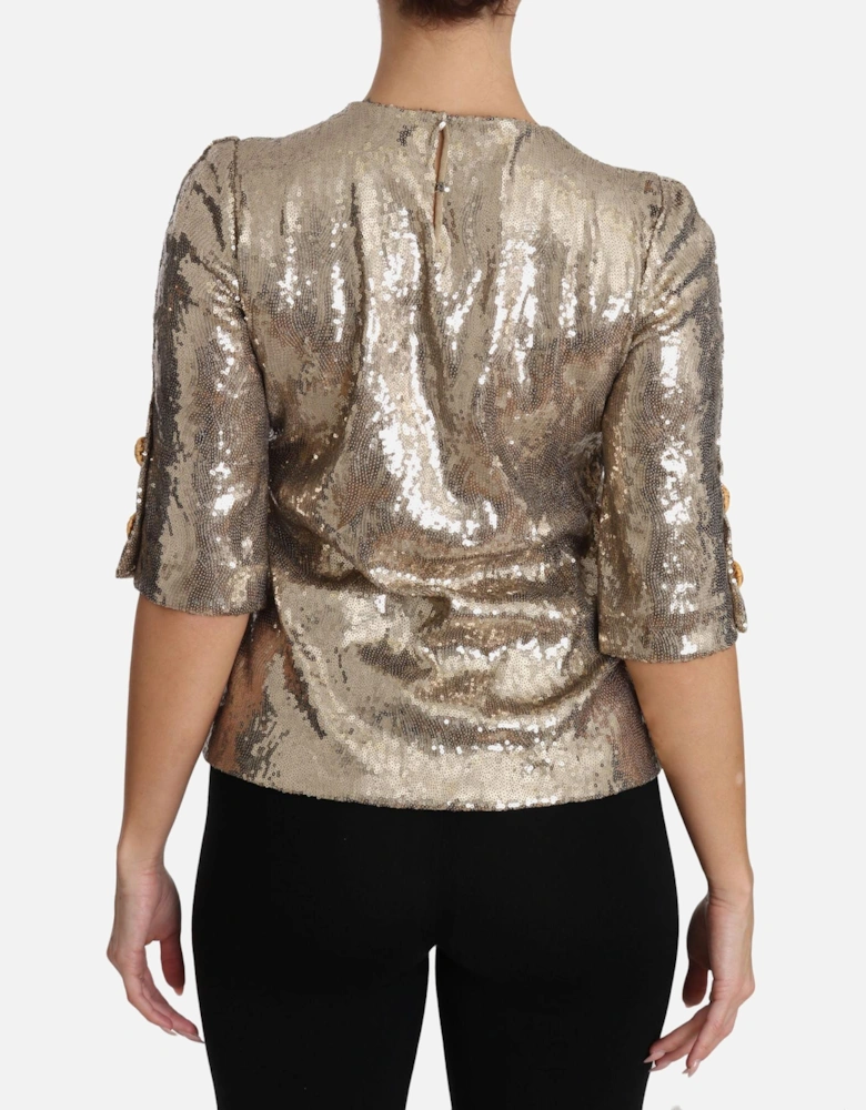 Short Sleeve Crewneck Blouse with Parrot Motif Women - Gold T-Shirts
