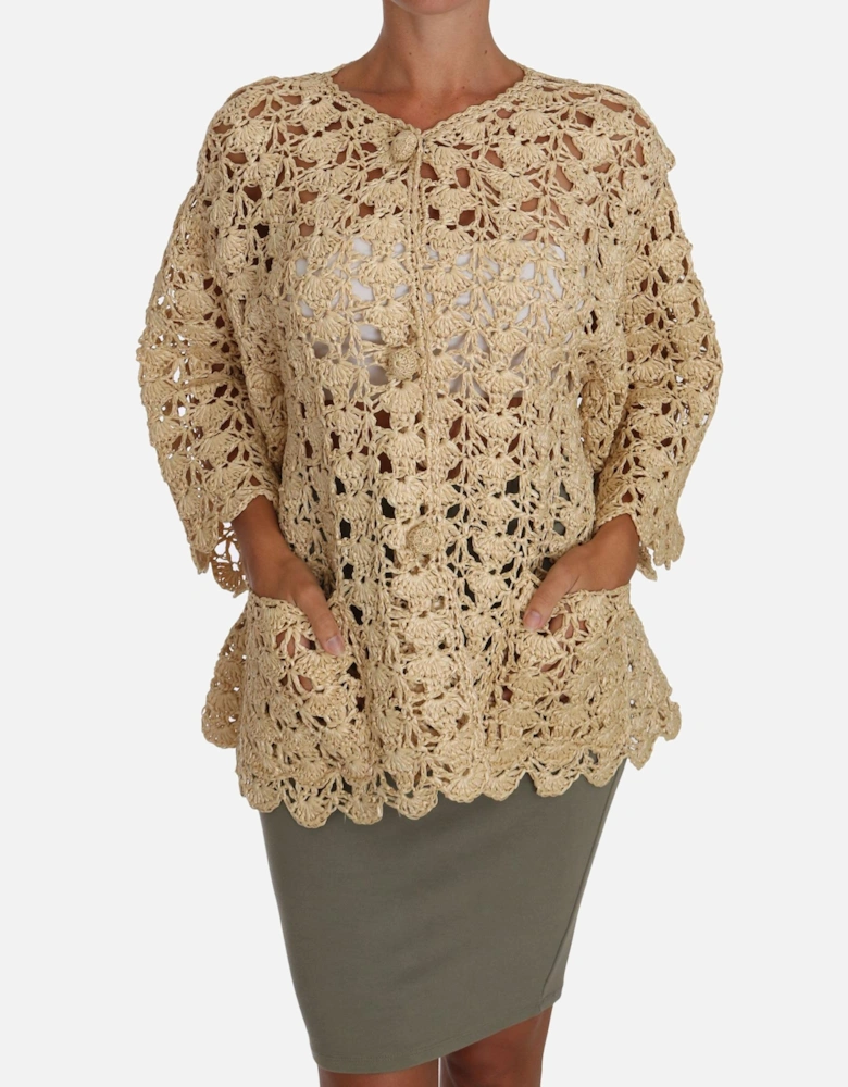 Crochet Cardigan 34 Sleeve Relaxed Fit Women - Beige Sweaters