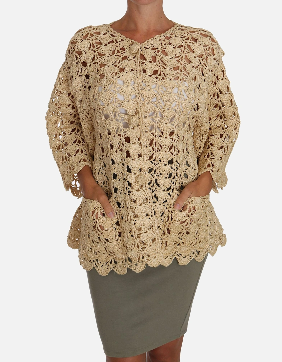 Crochet Cardigan 34 Sleeve Relaxed Fit Women - Beige Sweaters, 5 of 4