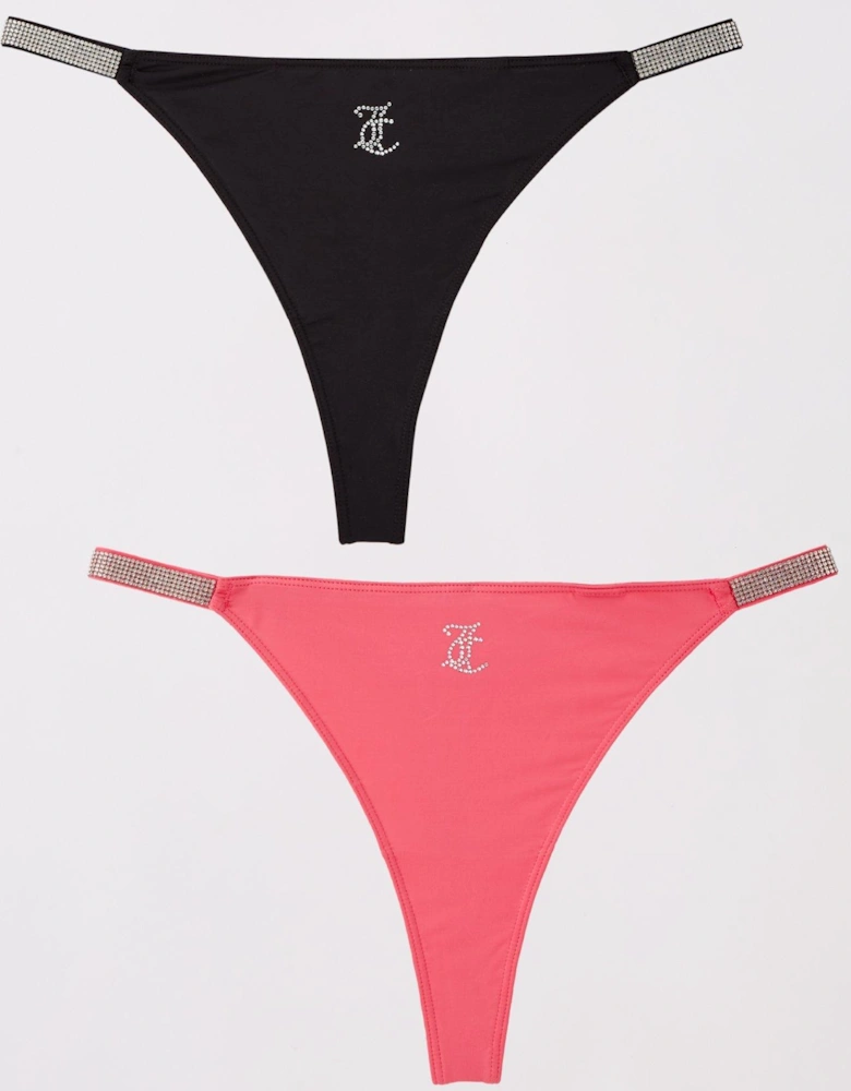 2 Pack Diamante Tape Logo Thong - Black & Hot Pink