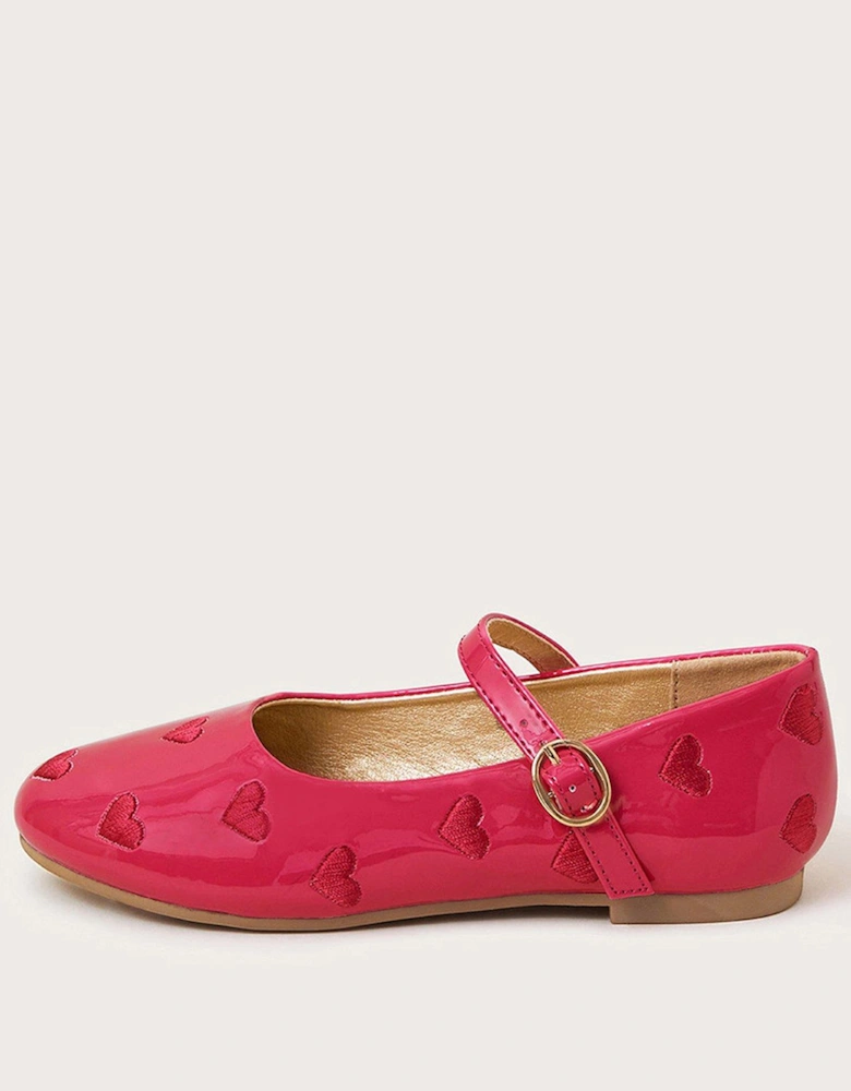 Girls Embroidered Patent Heart Ballerina Flats - Pink