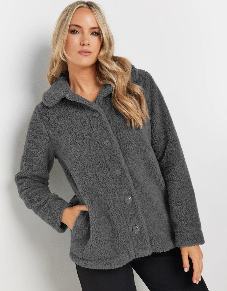 Button Borg Teddy Fleece Jacket - Grey