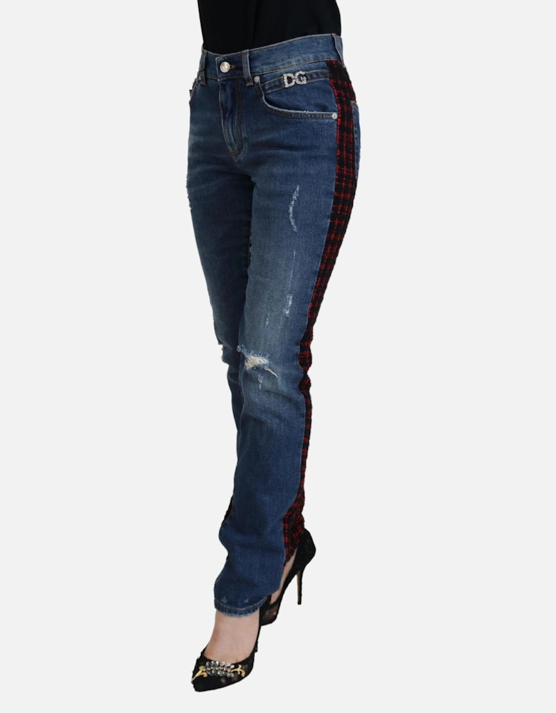 Distressed Denim Jeans Red Black Plaid Women - Blue Jeans