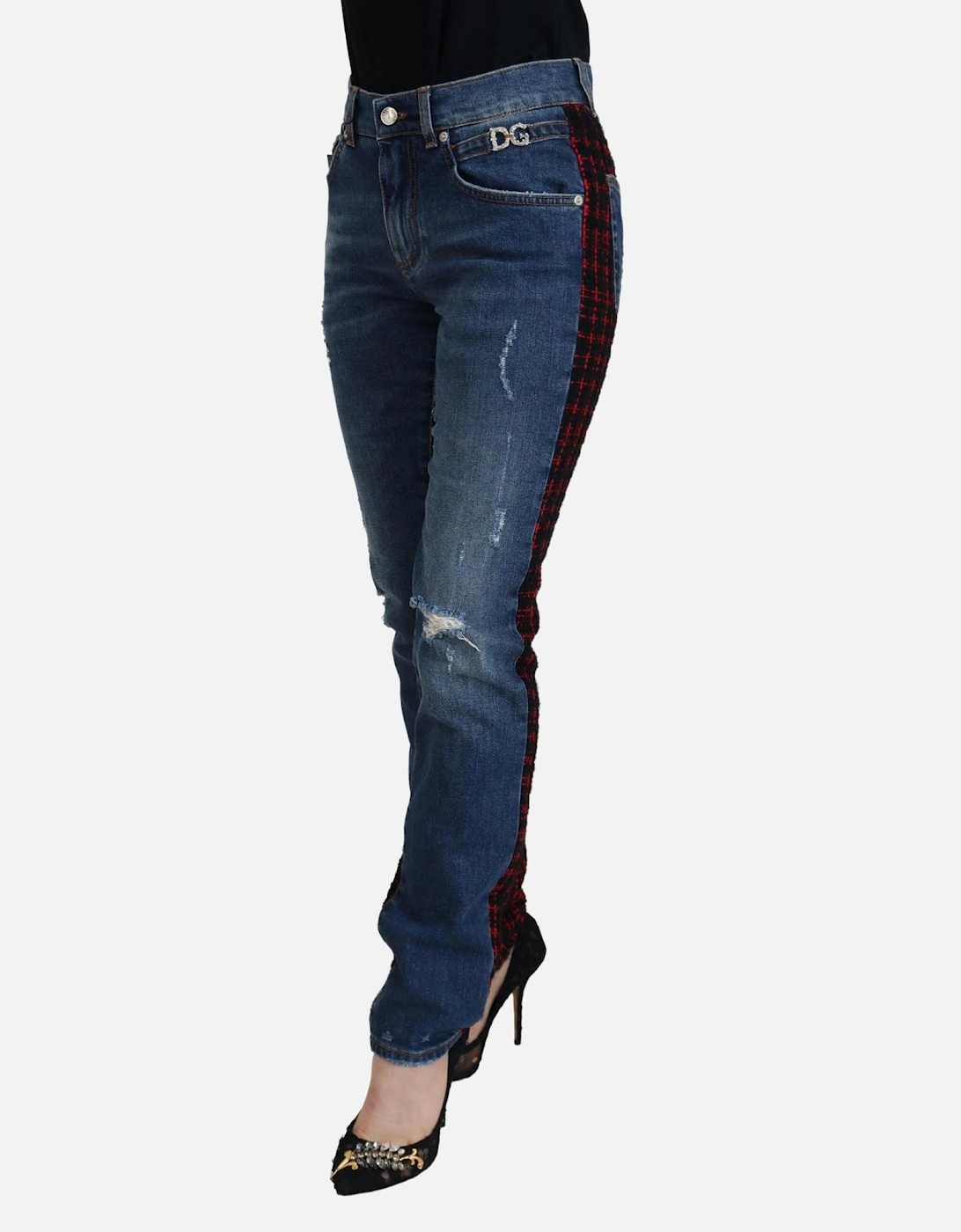 Distressed Denim Jeans Red Black Plaid Women - Blue Jeans