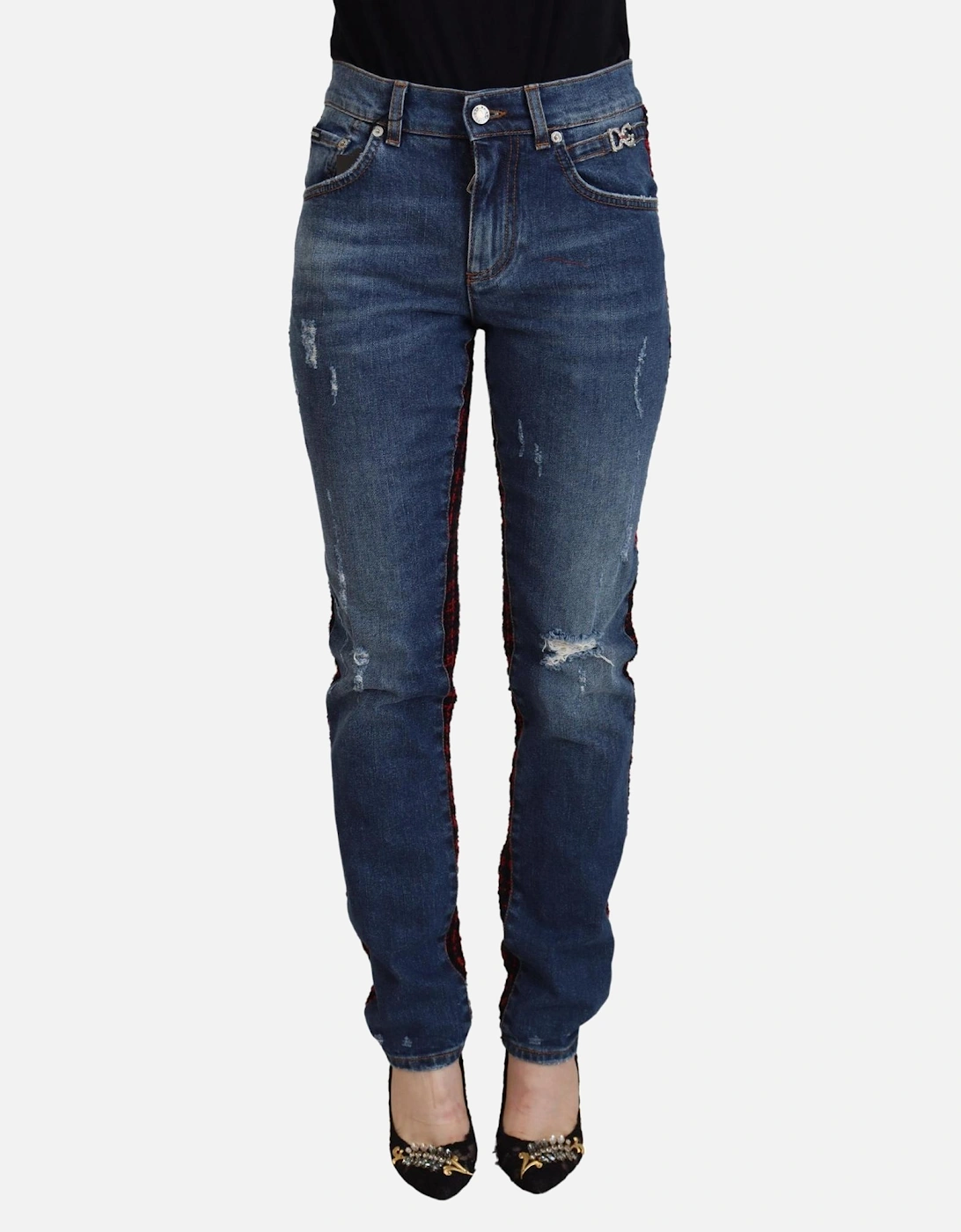 Distressed Denim Jeans Red Black Plaid Women - Blue Jeans, 7 of 6