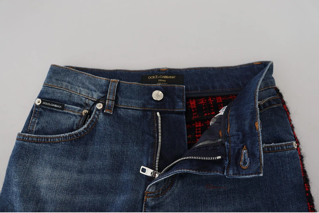 Distressed Denim Jeans Red Black Plaid Women - Blue Jeans