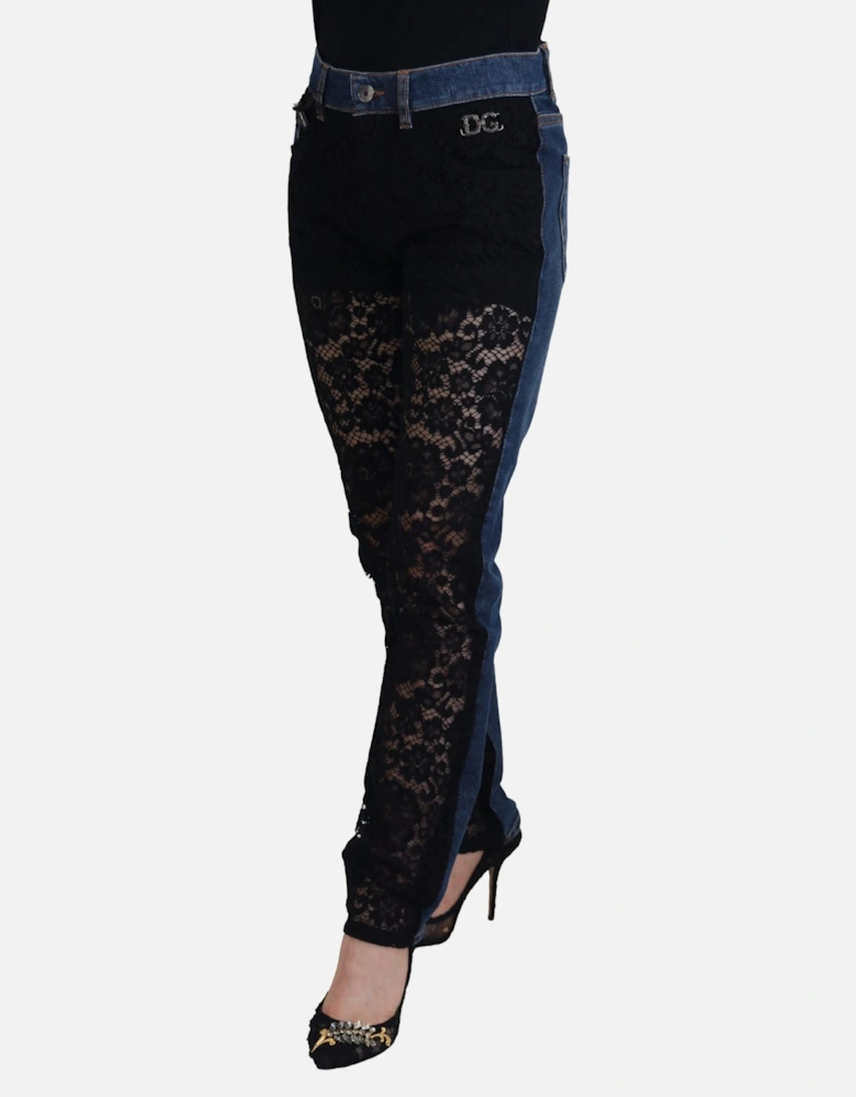 Lace Panel Denim Jeans ModelPAN74208 Women - Black And Blue Jeans