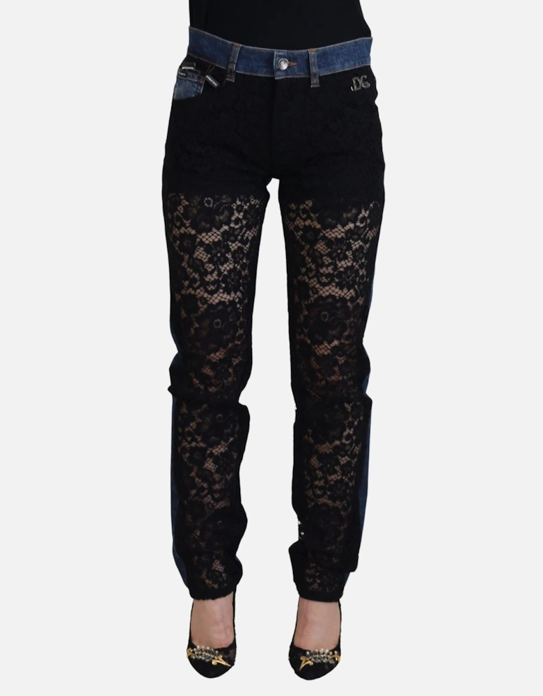 Lace Panel Denim Jeans ModelPAN74208 Women - Black And Blue Jeans