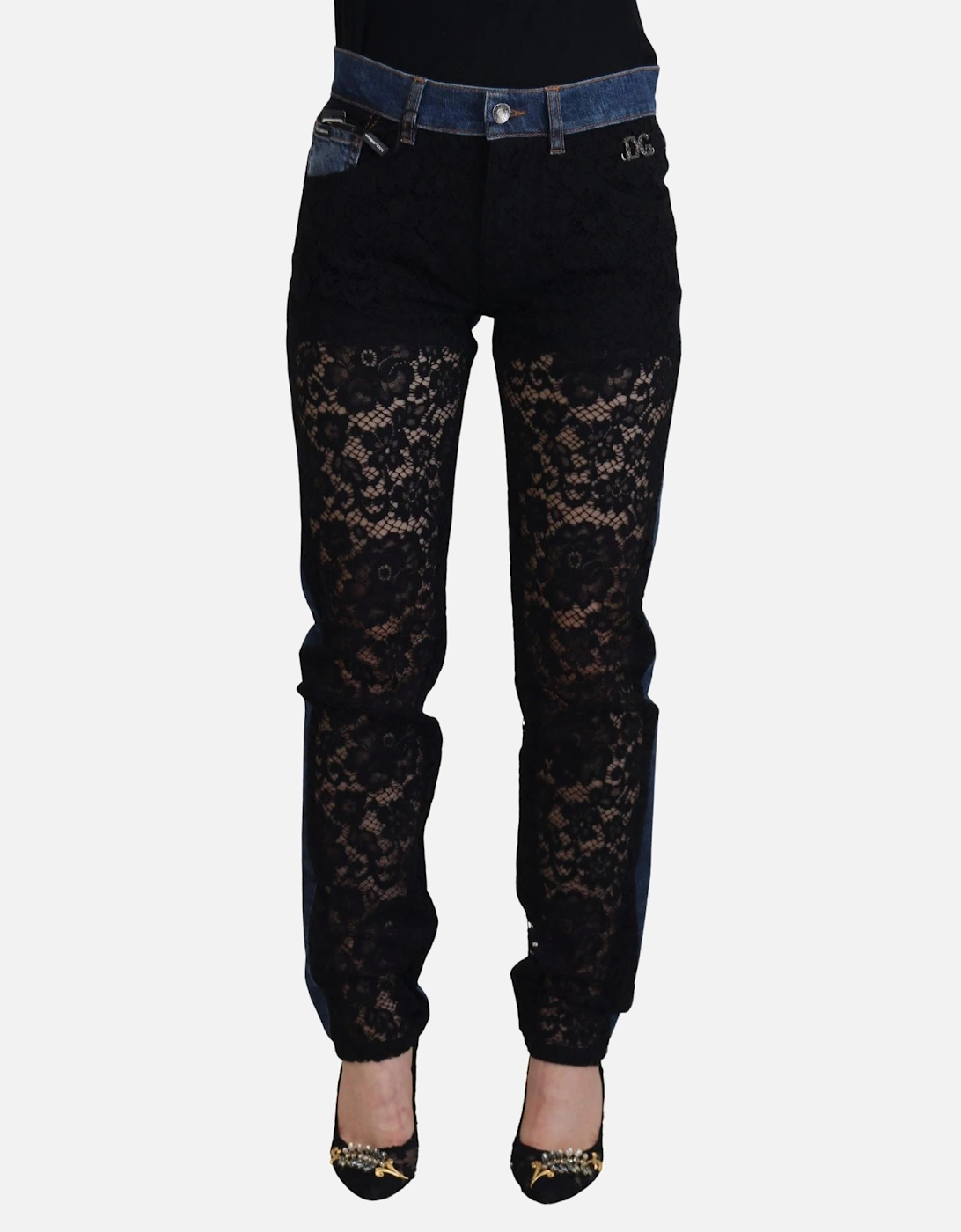 Lace Panel Denim Jeans ModelPAN74208 Women - Black And Blue Jeans, 7 of 6