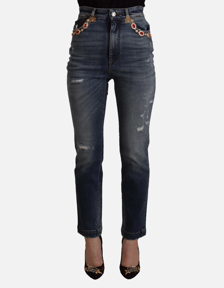 Distressed Denim Jeans Red Crystal Detail Women - Blue Jeans