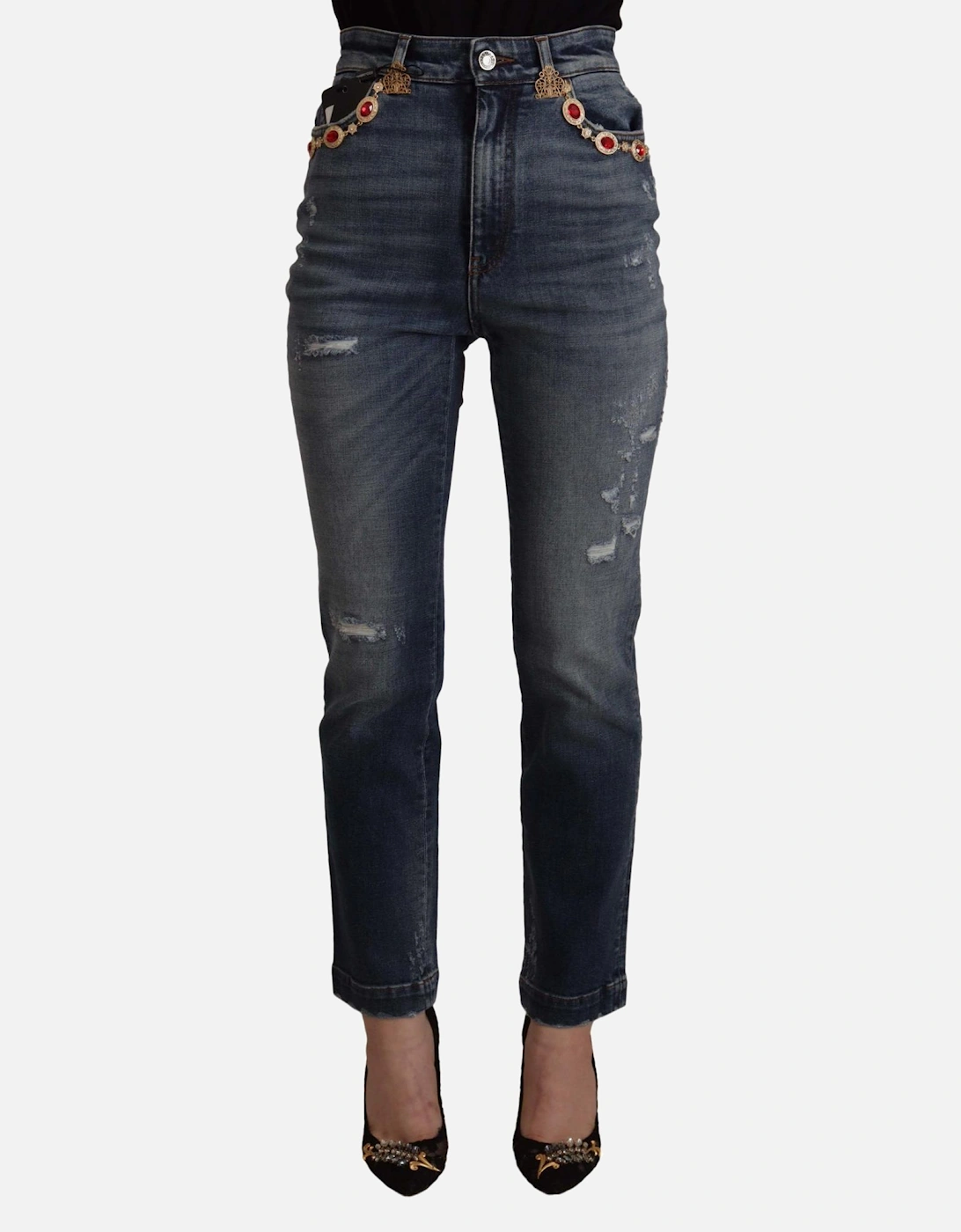 Distressed Denim Jeans Red Crystal Detail Women - Blue Jeans, 7 of 6
