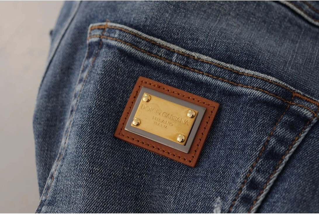 Distressed Denim Jeans Red Crystal Detail Women - Blue Jeans