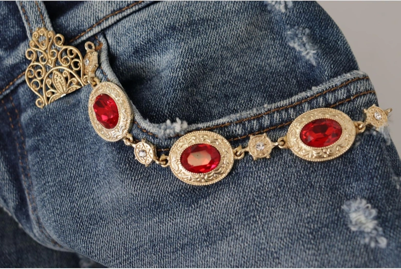 Distressed Denim Jeans Red Crystal Detail Women - Blue Jeans