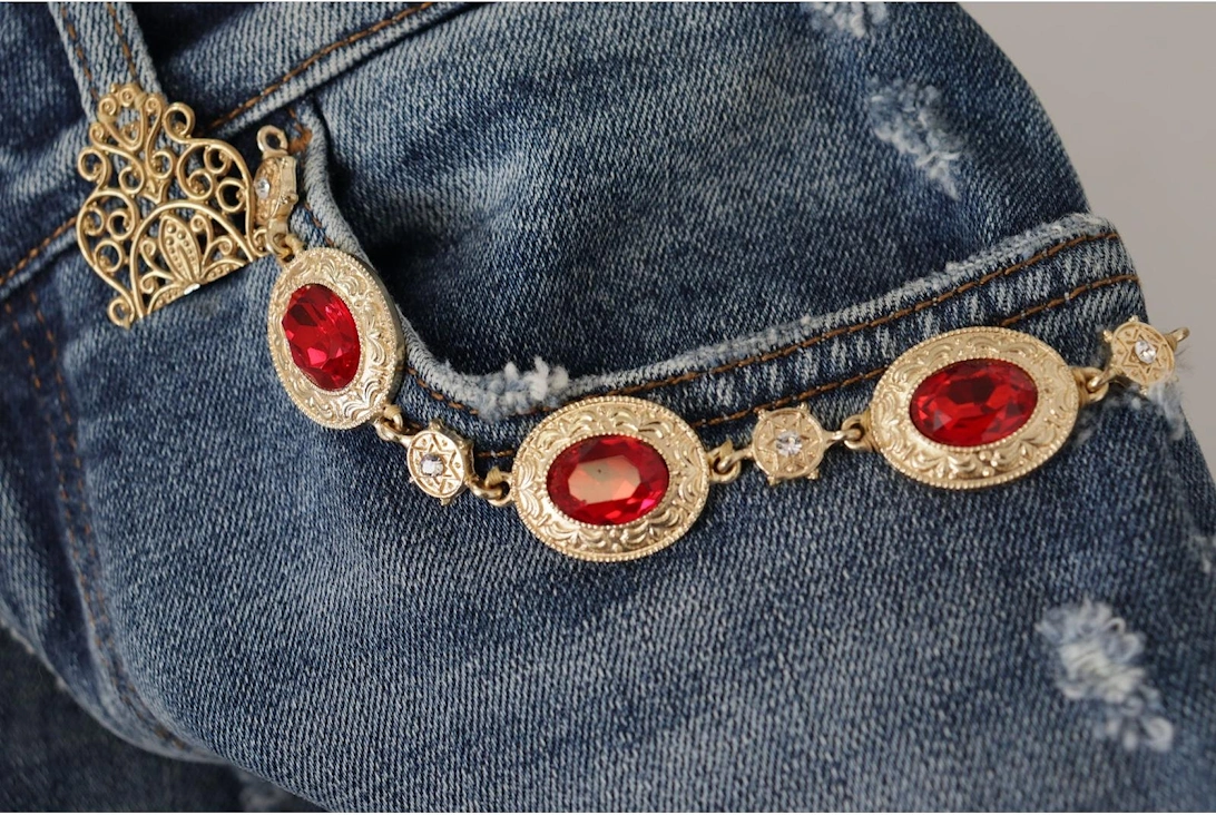 Distressed Denim Jeans Red Crystal Detail Women - Blue Jeans