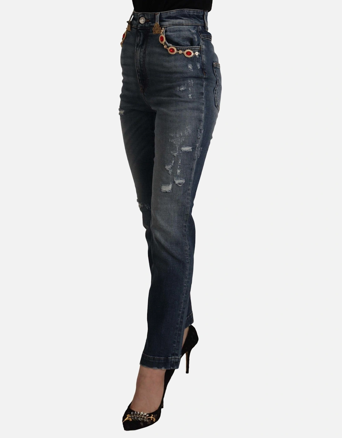 Distressed Denim Jeans Red Crystal Detail Women - Blue Jeans