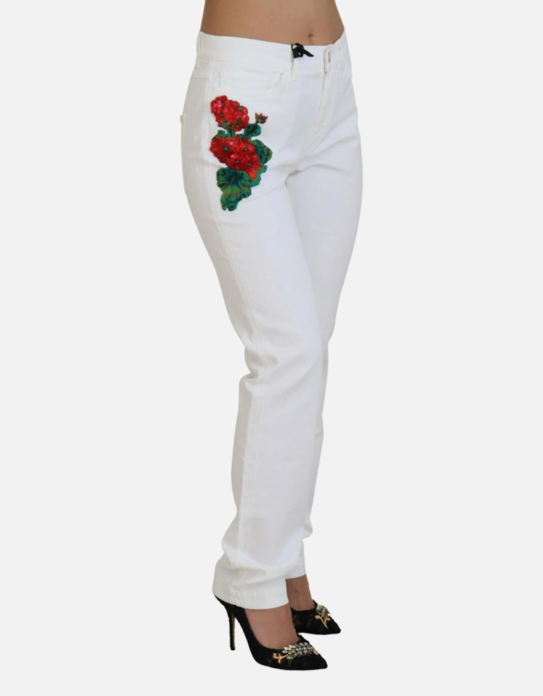 Floral Embroidered Jeans Slim Fit Women - White Jeans