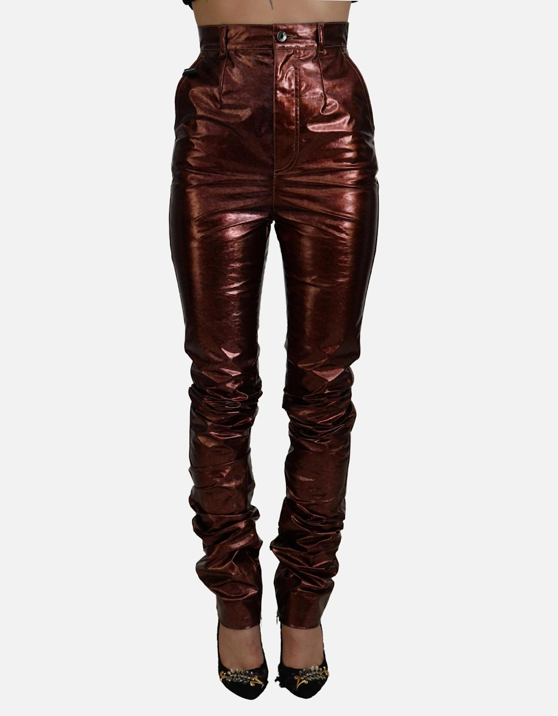 HighWaisted Stacked TrousersMetallic Pants Women - Bronze Jeans, 7 of 6