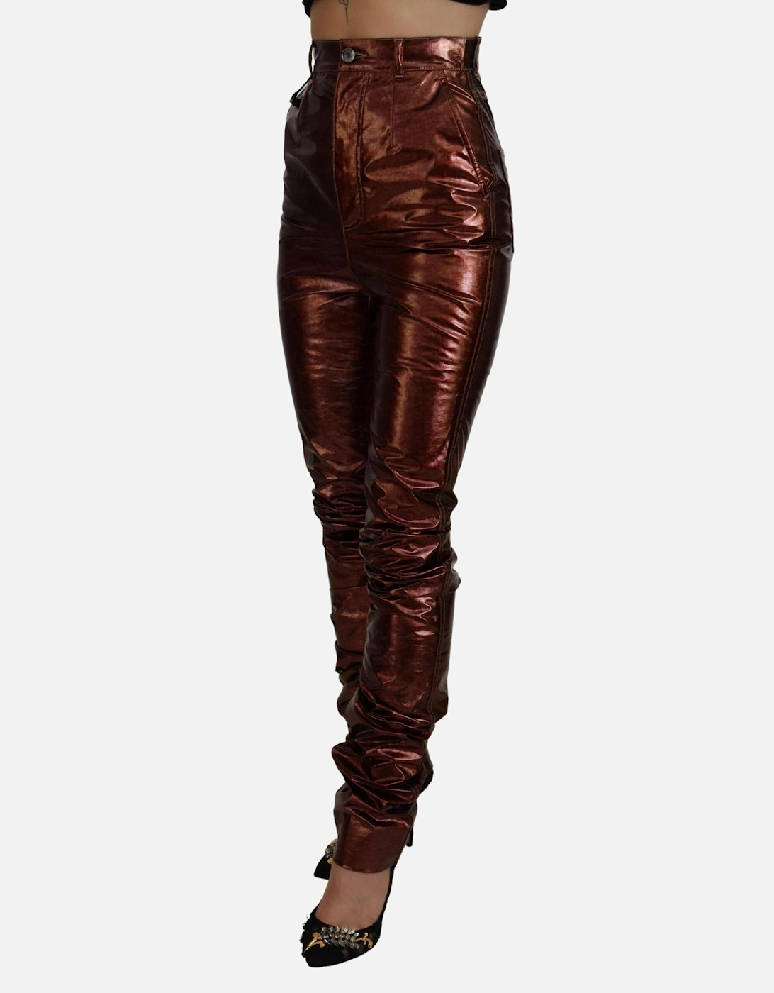 HighWaisted Stacked TrousersMetallic Pants Women - Bronze Jeans