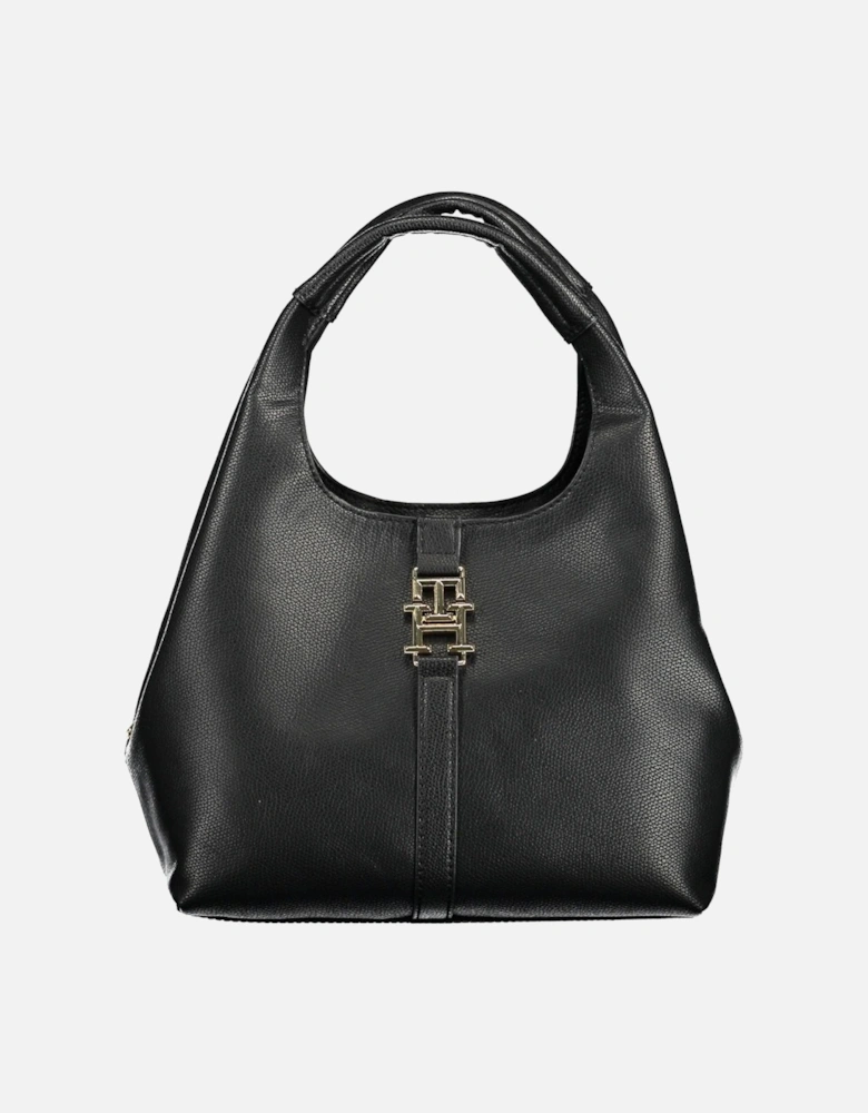 Functional Black Shoulder Bag with Iconic Logo & Contrasting Details