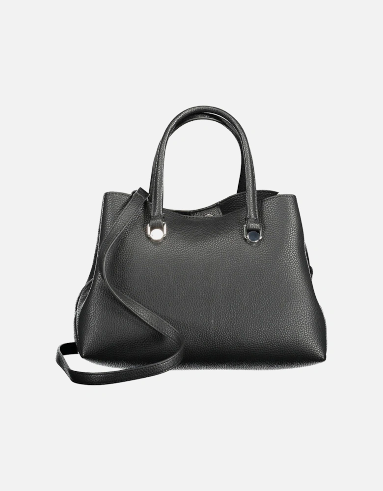 Sleek Black Handbag with Multiple Compartments and Adjustable Strap